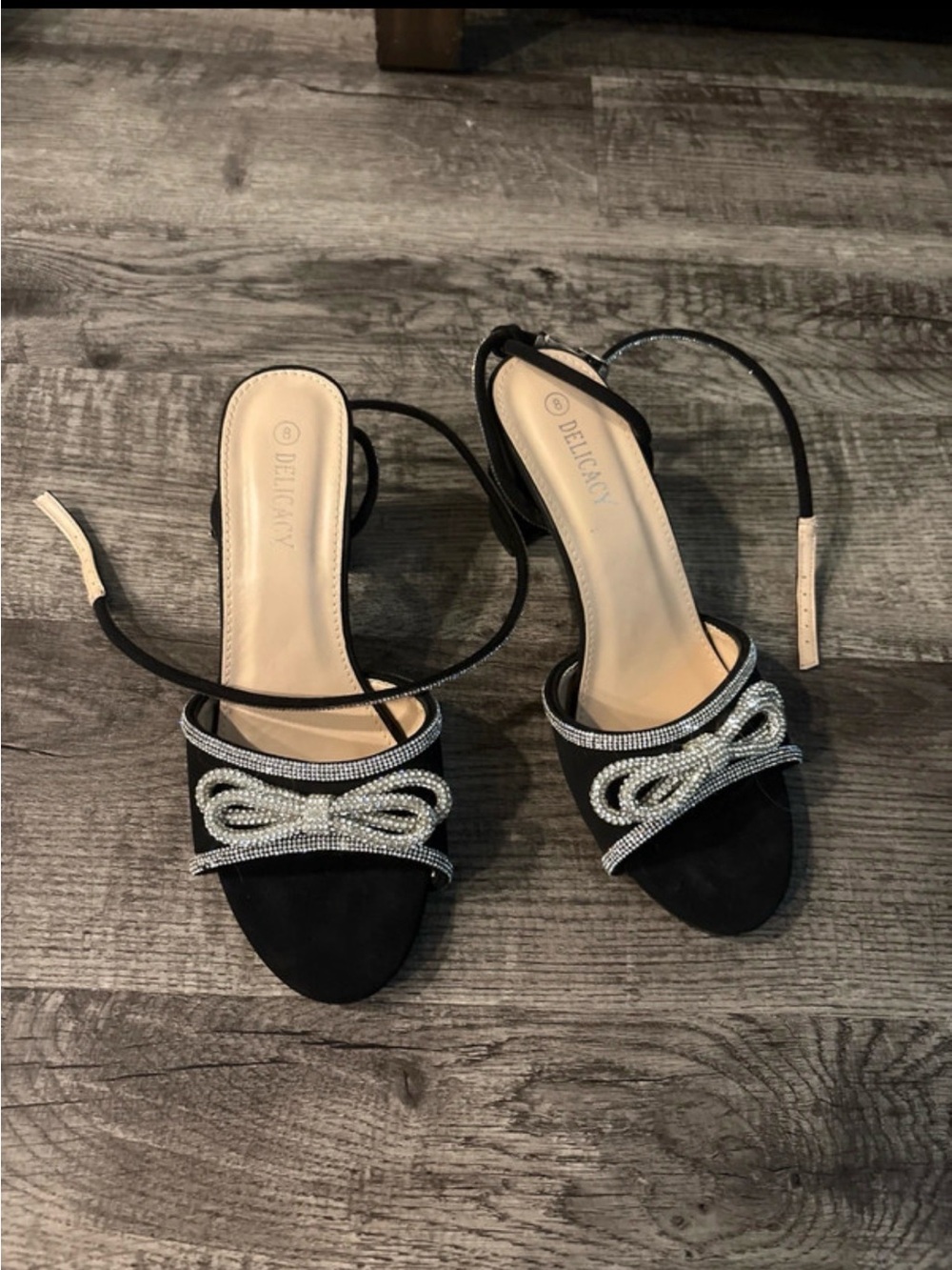 Delicacy Black Crystal Bow Ankle-Strap Heels